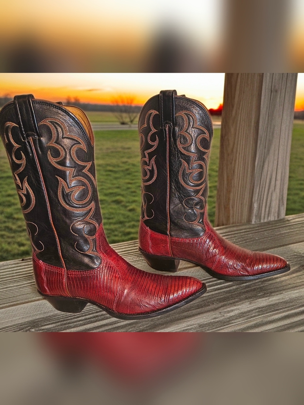 Nocona Vintage Lizard Cowboy Boots Burgundy Red & Black 7 1\2 C Superb Condition